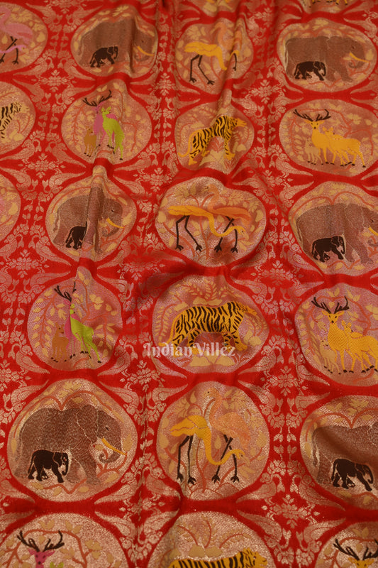 Red Shikargah Theme Banarasi Georgette Saree