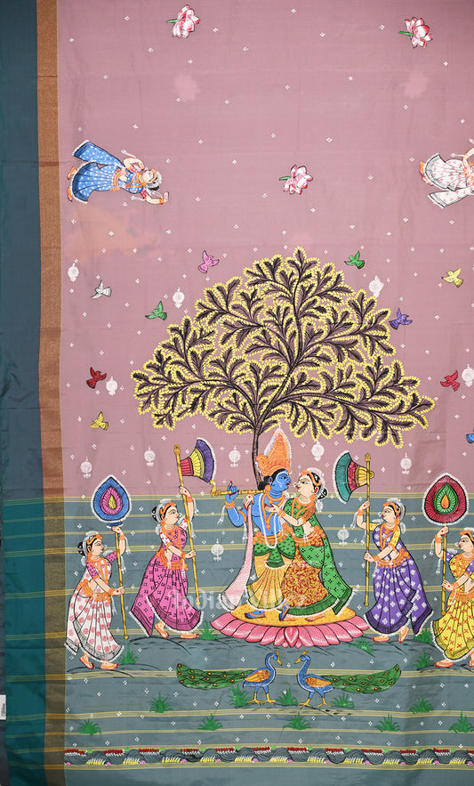 Baby Pink Blue Raasleela Hand-Painted Pattachitra Saree