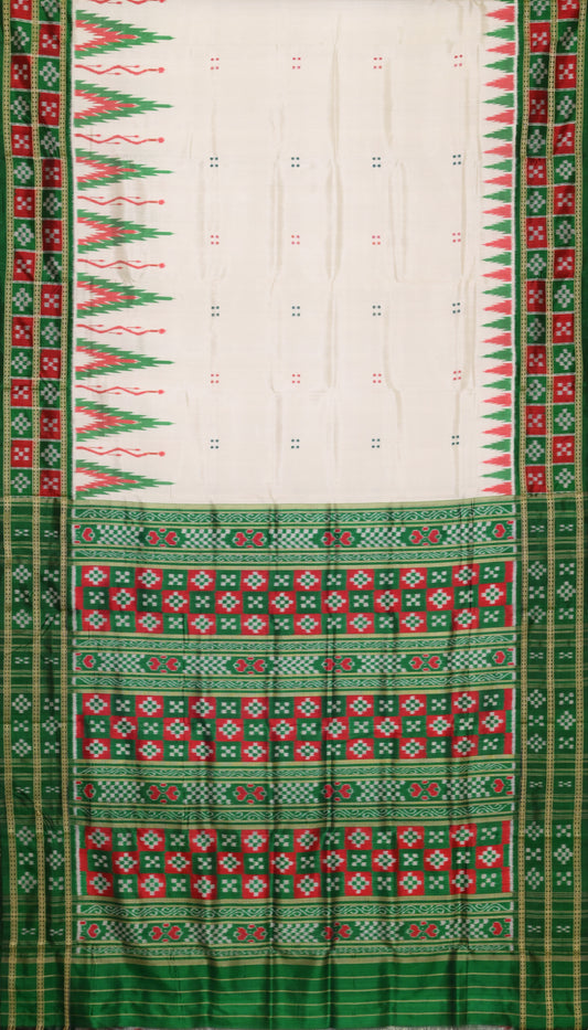 White Green Broder Pasapali Khandua Silk Saree