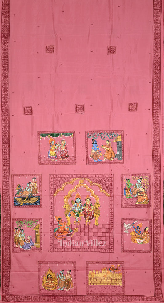 Baby Pink Ramayan Theme Hand-Painted Pattachitra Saree
