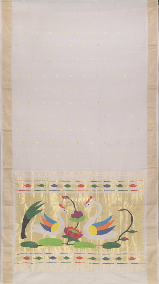 White Golden Butta Design Cotton Paithani Saree
