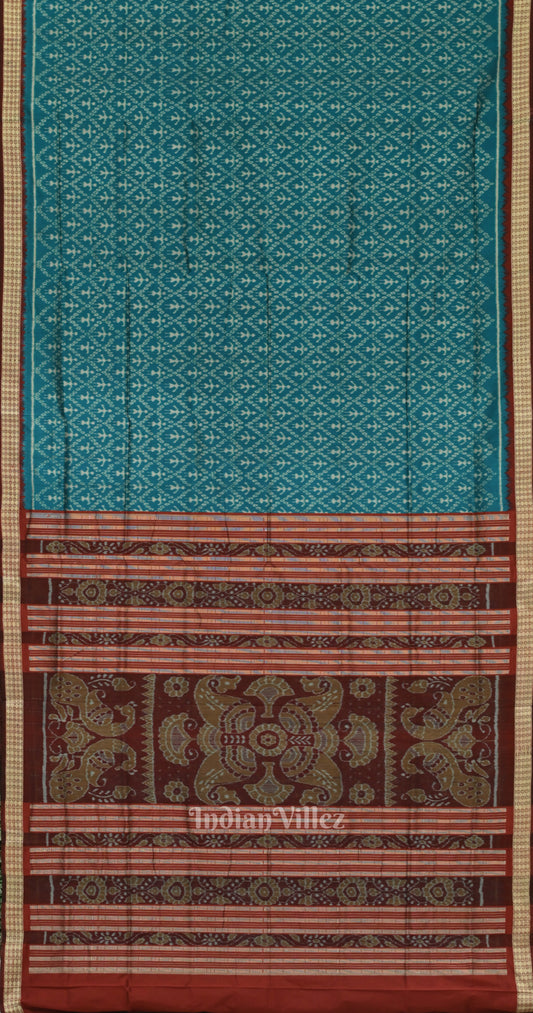 Aqua Blue Maroon Tribal Theme Odisha Ikat Sambalpuri Silk Saree