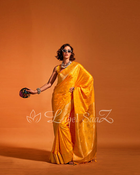 Yellow Zari Satin Silk Banarasi Saree