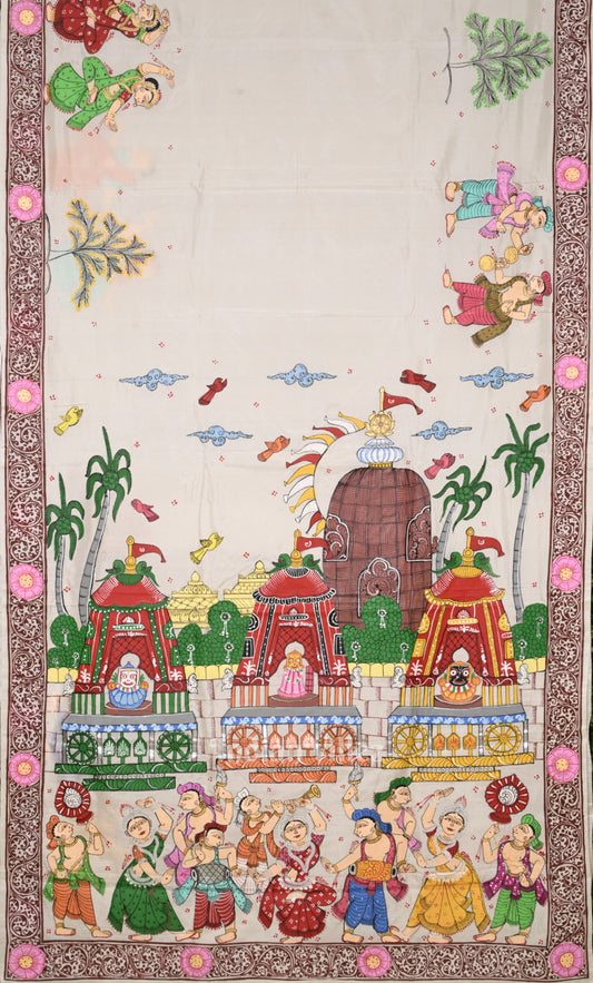 White Shree Jagannath Ratha Yatra Hand-Painted Pattachitra Saree