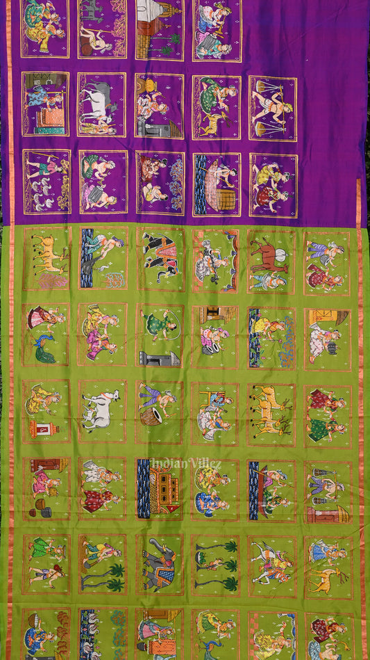 Green Purple Radha Krishna Village Theme Pattachitra Saree