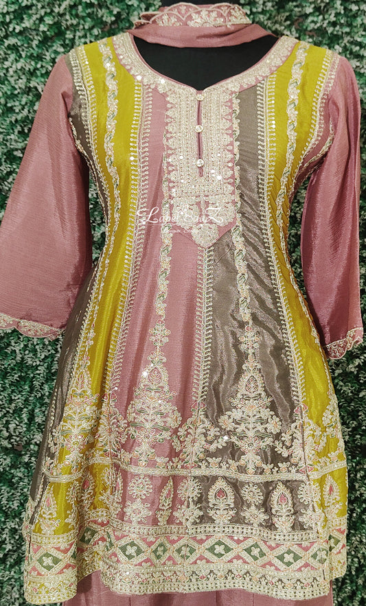 Beige Green Sequence Embroidered Kurta with Palazzo Set and Dupatta