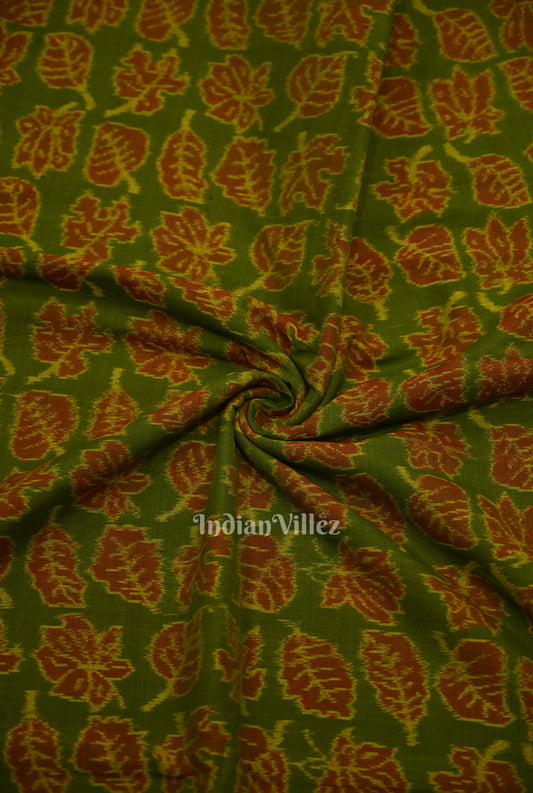Green Autumn Leaves Motif Sambalpuri Ikat Cotton Fabric