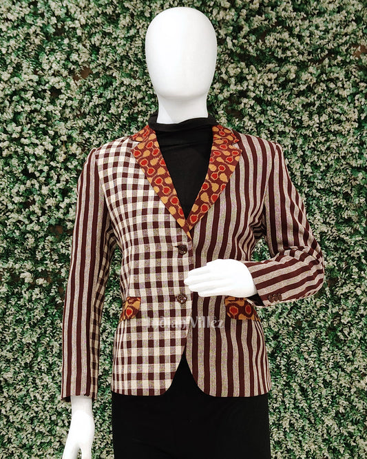 Maroon White Kotpad Odisha Ikat Women's Designer Blazer