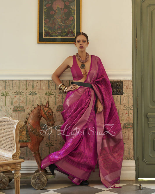 Pink Pure Handloom Two Tone Organza Weaving Banarasi Saree