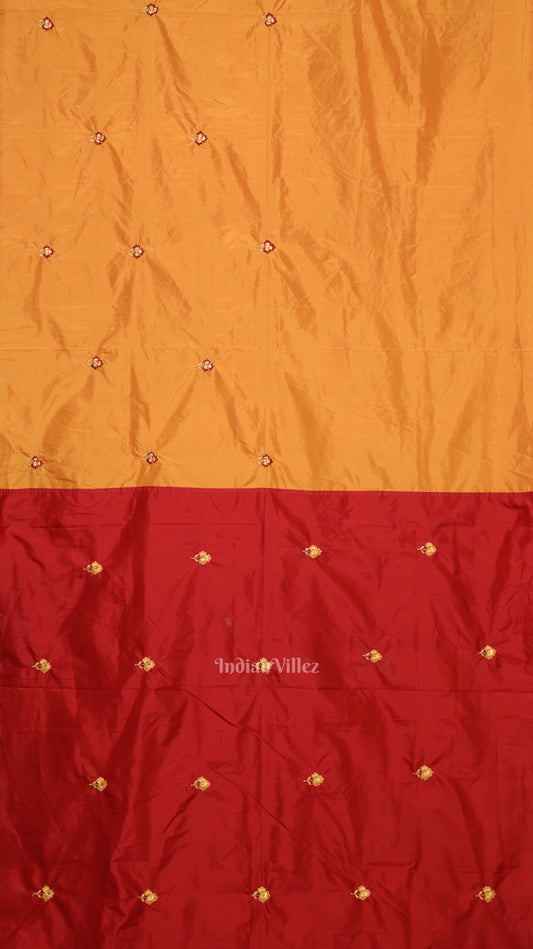 Yellow Red Floral Motif Pure Silk Embroidery Saree