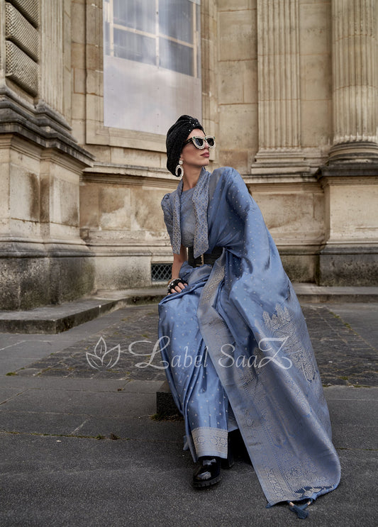 Allure Blue Handwoven Satin Silk Banarasi Saree With Brocade Blouse