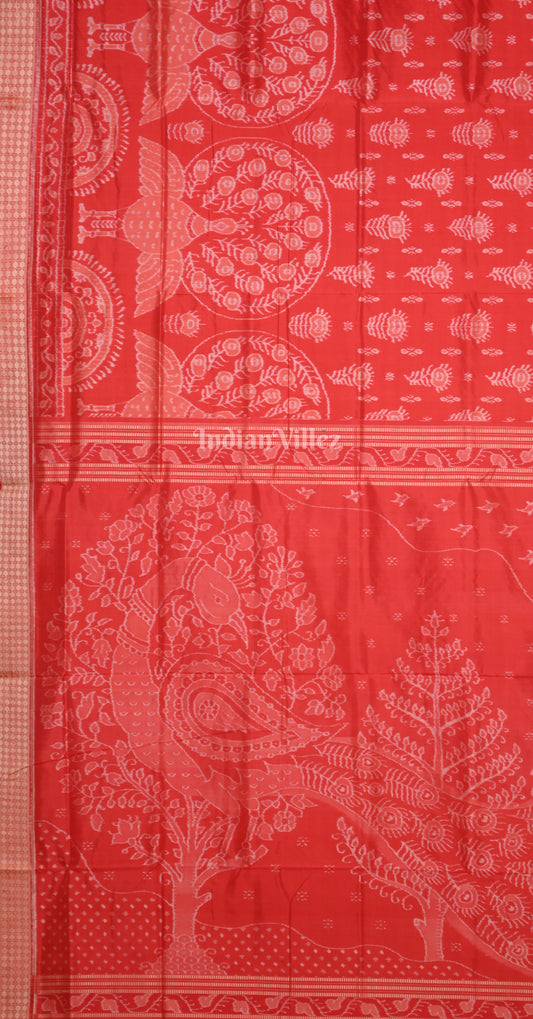 Exclusive Red Peacock Scot Odisha Ikat sambalpuri Silk Saree with Peacock Anchal