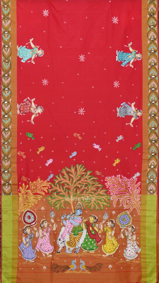 Red Radha Krishna Raasleela Hand-Painted Pattachitra Saree