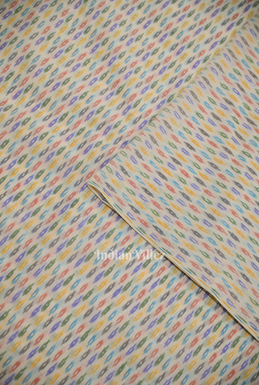 White with Multi Color Pochampally Ikat Silk & Cotton (Sico) Fabric