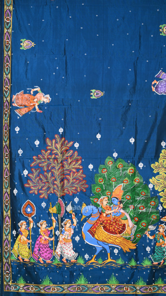 Blue Red Radha Krishna Peacock Design and-Painted Pattachitra Saree