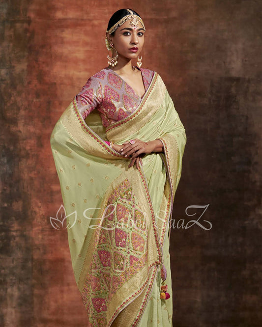 Green Designer Meenakri Banarasi with Kashmiri Embroidery and Heavy Blouse