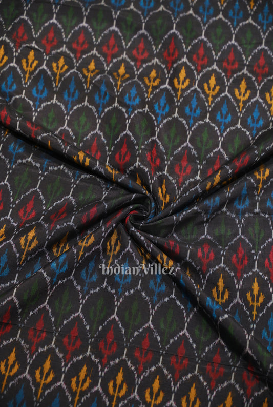 Black with Tribal Motif Pochampally Ikat Silk & Cotton (Sico) Fabric