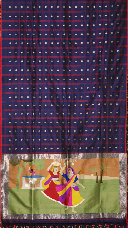 Indigo Blue Designer Ravi Verma Painting Katan Banarasi Silk Saree