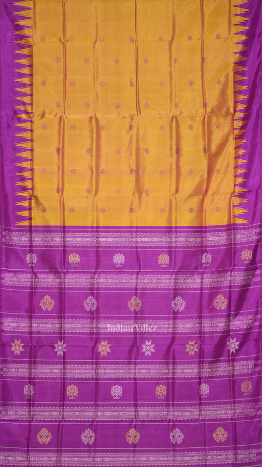 Mustard Yellow Rani Pink Phoda kumbha Border With Double Pallu Berhampuri Silk Saree