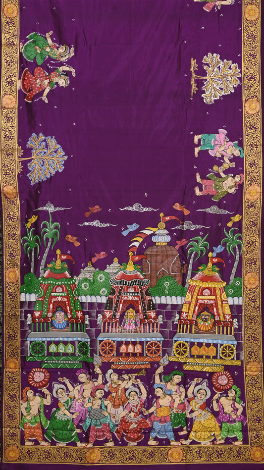 Purple Shree Jagannath Ratha Yatra Hand-Painted Pattachitra Saree