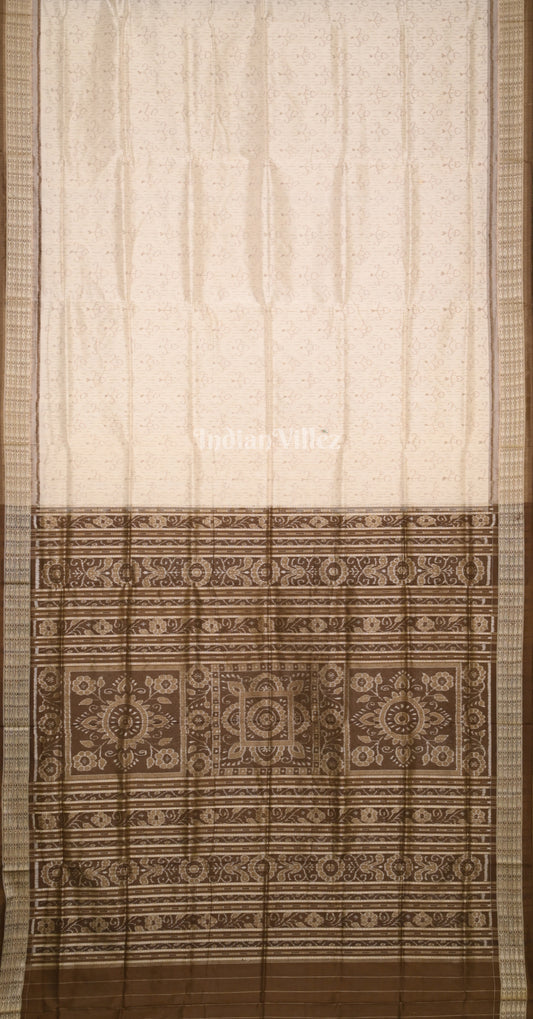 Off White Brown Tribal Motif Odisha Ikat Sambalpuri Silk Saree