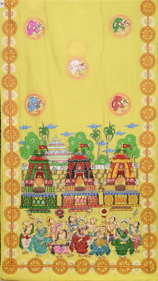 Yellow Shree Jagannath Ratha Yatra Hand-Painted Pattachitra Saree