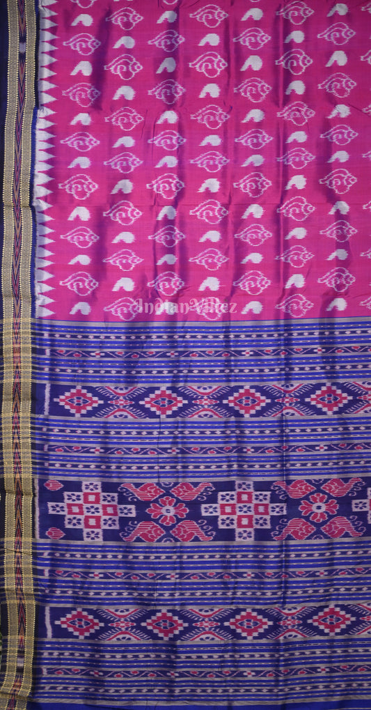 Magenta Pink Blue Sankha Motif Odisha Ikat Khandua Silk Saree with Pasapali Anchal