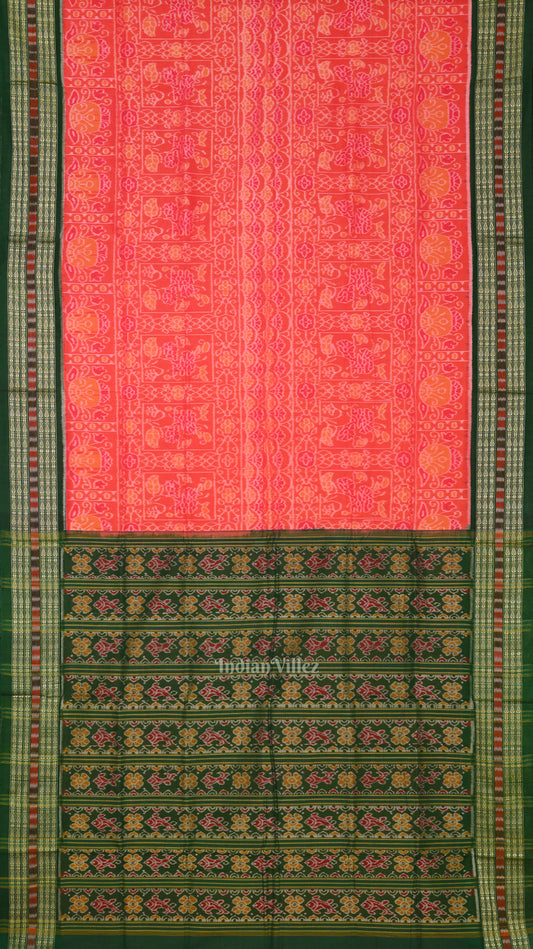 Peach Pink with Green Sambalpuri Cotton saree