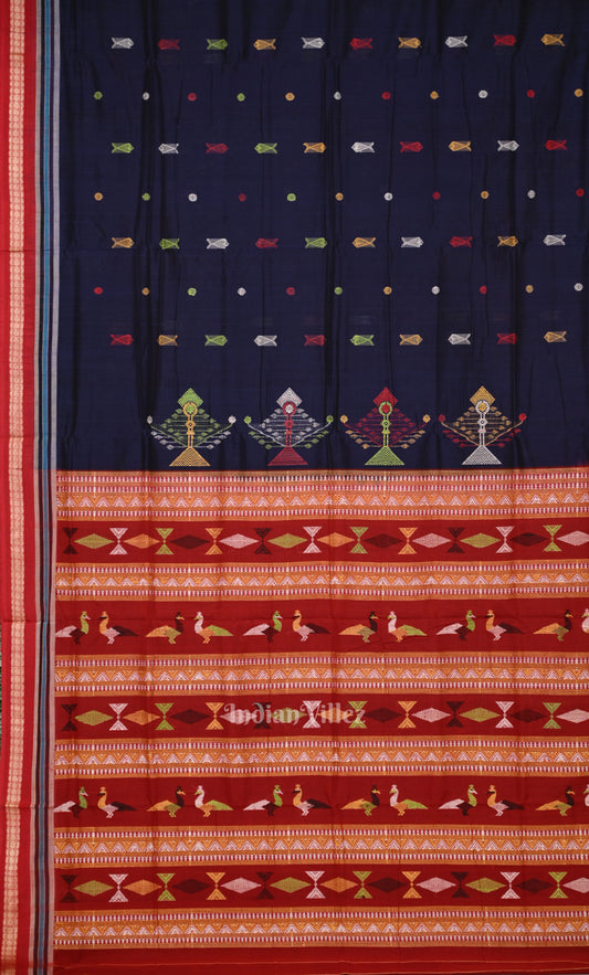 Blue Red Fish Motif Odisha Ikat Bomkai Cotton saree