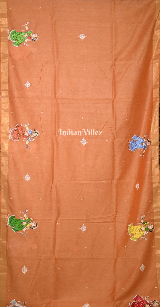 Orange Dandiya Hand-Painted Pattachitra Saree