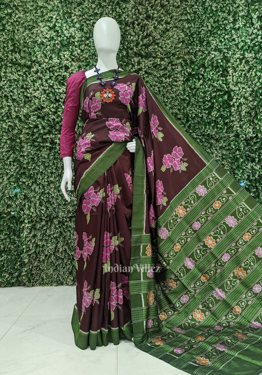 Coffee with Sea Green Floral Theme Odisha Ikat Contemporary Silk Saree