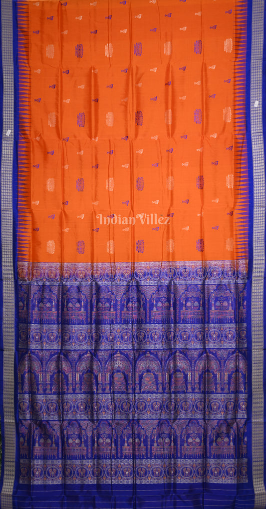 Orange Blue Laxmi Feet Odisha Ikat Bomkai Sambalpuri Silk Saree