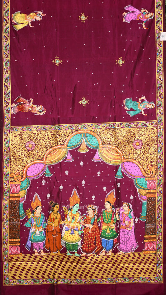 Wine Sita Vivah Theme Hand-Painted Pattachitra Saree