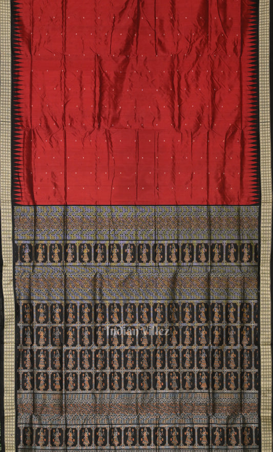 Maroon Black Buti Design Bomkai Sambalpuri Ikat Silk Saree