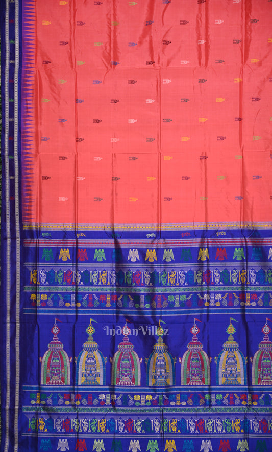 Red Blue Shree Mandir Theme Sambalpuri Ikat Silk Saree