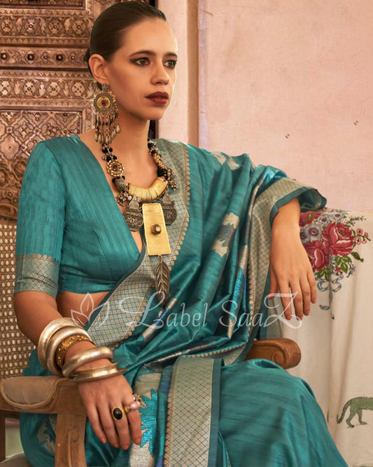 Pure Handloom Silk Firozi Blue Festive Saree