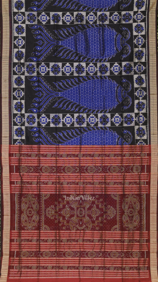 Blue Maroon Fish Motif Odisha Handloom Sambalpuri Silk Saree