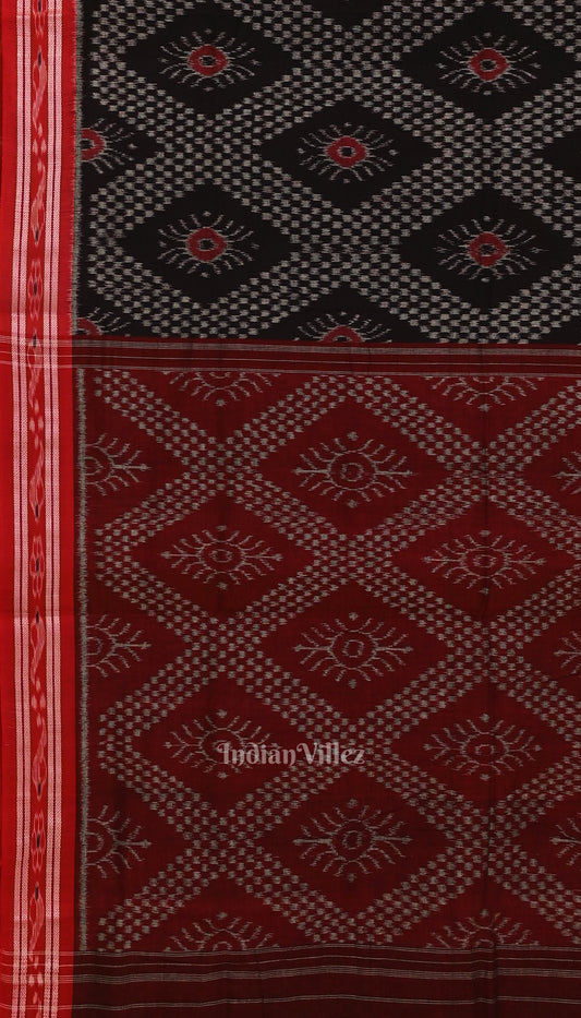 Black with Red Floral Theme Odisha Sambalpuri Pure Cotton Saree