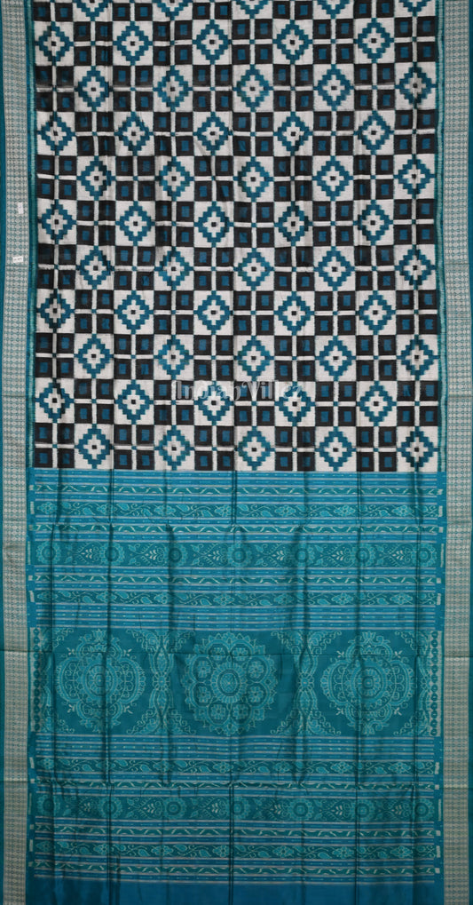 White Blue Telia Rumal Odisha Ikat Sambalpuri Silk Saree