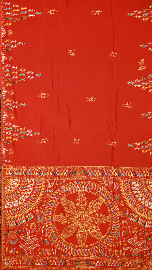Fine & Elegant Orange Tribal Theme Hand-Painted Pattachitra Saree