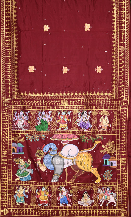 Maroon Arjuna Bows to Navagunjara Pure Hand-Painted Pattachitra Saree