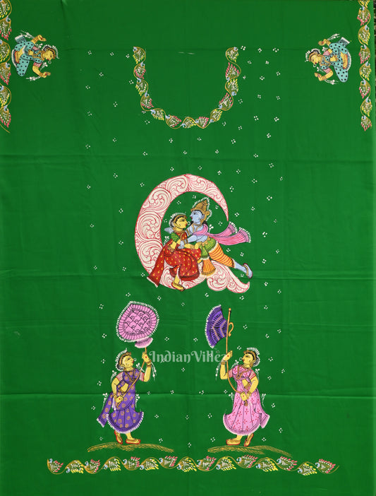 Green Ardha Chandra Krishna Rasa Leela Theme Pattachitra Kurti Dress Material