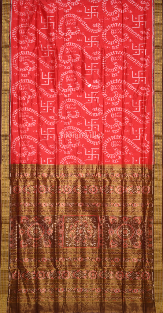 Red Coffee Omm & Swastik Motif Half Tissue Sambalpuri Silk Saree