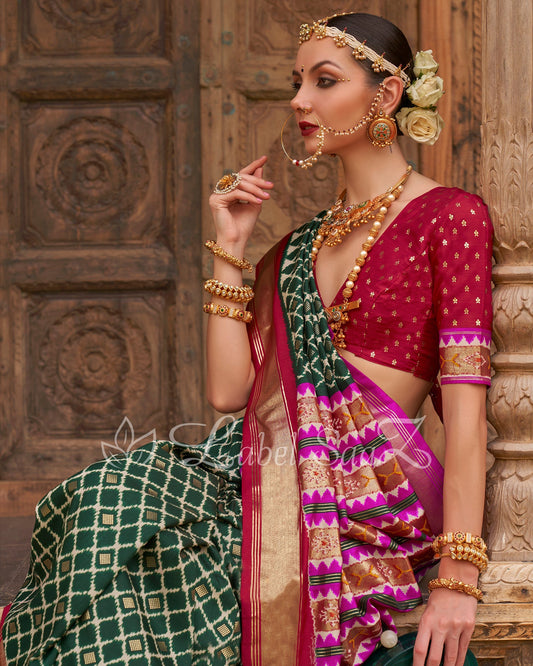 Green Panetar Style Patola Inspired Pochampally South Silk Saree