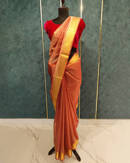 Reddish Orange Tissue Banarasi Saree
