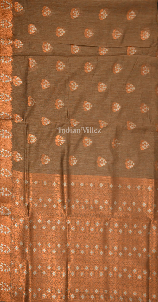 Rust Gery Linen Banarasi With Copper Zari Saree