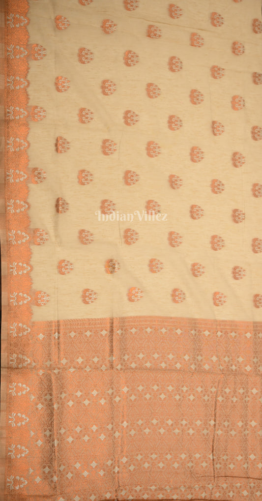 Off White Peach Linen Banarasi With Copper Zari Saree