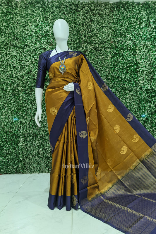 Golden Brown With Navy Blue Pure Kanjivaram Soft Silk Saree