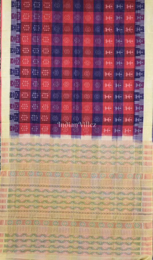 Red Blue Tribal Theme Pure Sambalpuri Cotton Saree