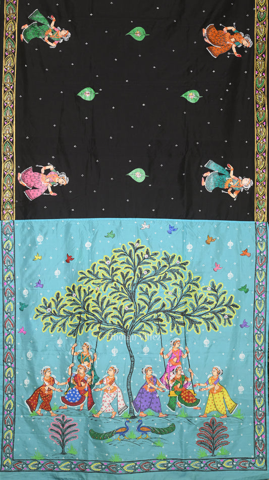 Black Blue Raja Doli Theme Hand-Painted Pattachitra Saree